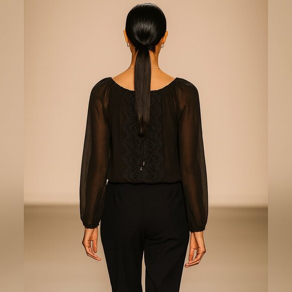 Naked Zebra Black Lace Accented Boho Semi Sheer Black Blouse – Size 1X - Picture 3 of 9